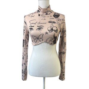 Shein Long Sleeve Tattoo Print Crop Top With Mock Neck Beige & Black Womans M